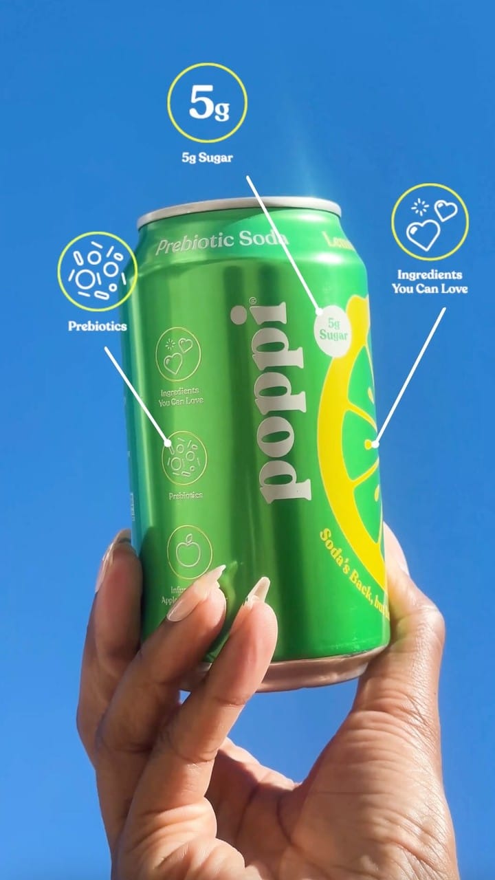Poppi ad: 5g of sugar, ingredients you can love, & made with prebiotics 🩷🫧 #sodasback